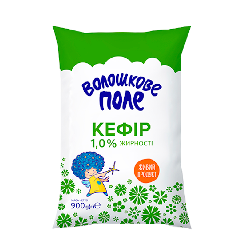 Кефір ВОЛОШКОВЕ ПОЛЕ 1%, 900г, плівка поліетиленова